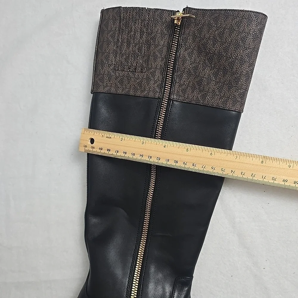 Michael Kors Parker Logo Knee-High Boots Womens Size 10M Leather Gold Monogram